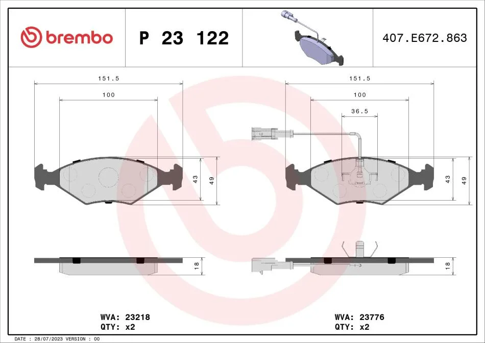 Тормозные колодки дисковые BREMBO P23 122 (фото 1)