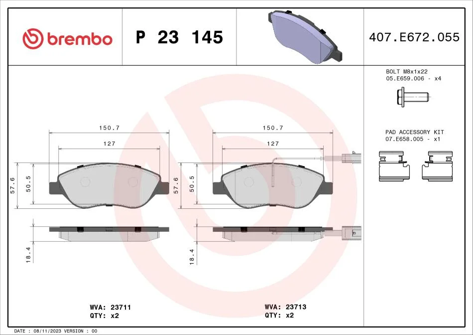 Гальмівні колодки, дискові BREMBO P23 145 (фото 1)