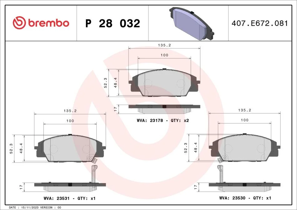 Тормозные колодки дисковые BREMBO P28032 (фото 1)