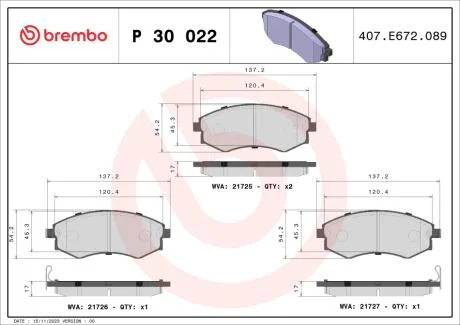 Тормозные колодки дисковые BREMBO P30 022
