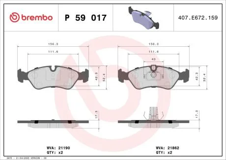 Тормозные колодки дисковые BREMBO P59 017