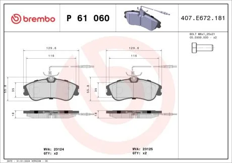 Тормозные колодки дисковые BREMBO P61 060