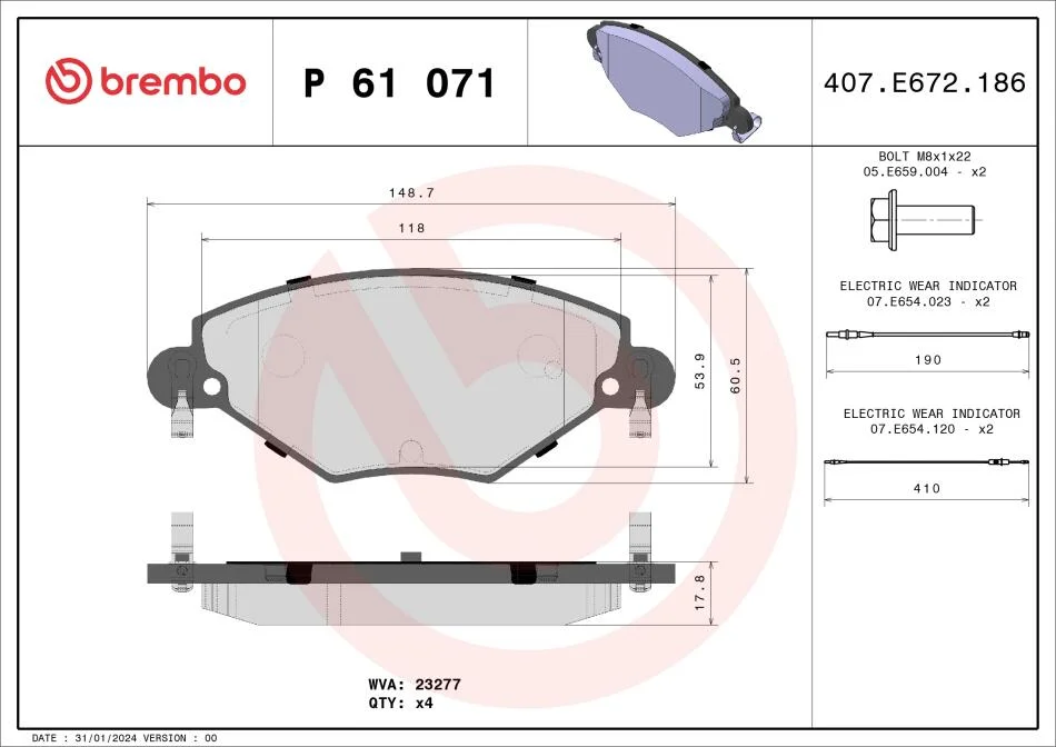 Тормозные колодки дисковые BREMBO P61 071 (фото 1)