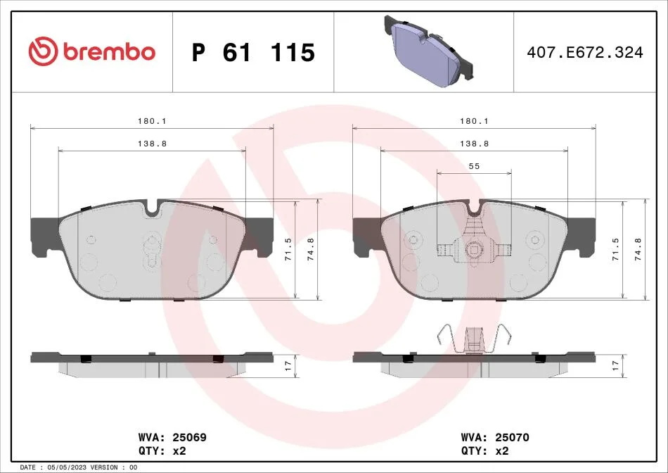 Тормозные колодки дисковые BREMBO P61 115 (фото 1)