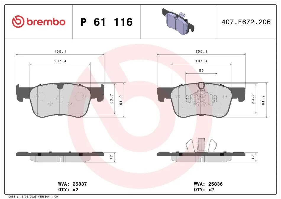 Гальмівні колодки, дискові BREMBO P61 116 (фото 1)