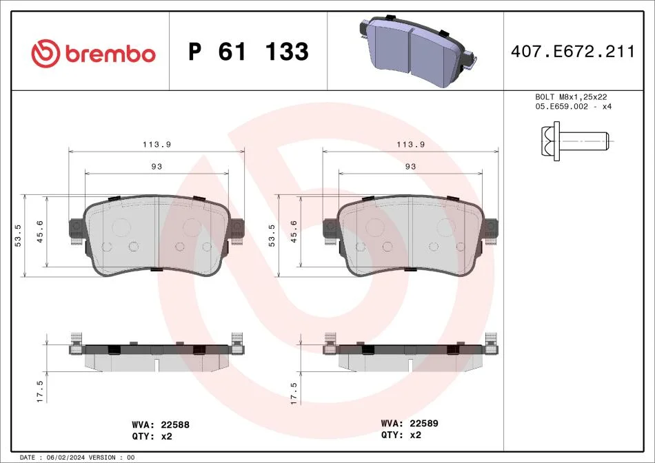 Гальмівні колодки, дискові BREMBO P61 133 (фото 1)