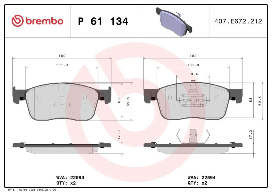 Тормозные колодки дисковые BREMBO P61 134 (фото 1)