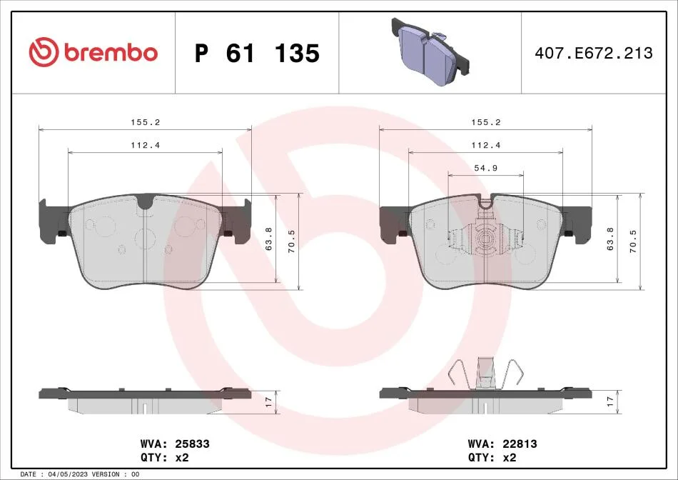Гальмівні колодки, дискові BREMBO P61 135 (фото 1)