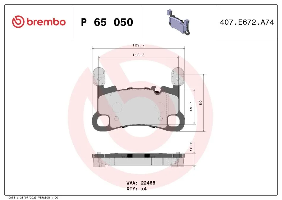 Колодки гальмівні дискові (комплект 4 шт) BREMBO P65 050 (фото 1)
