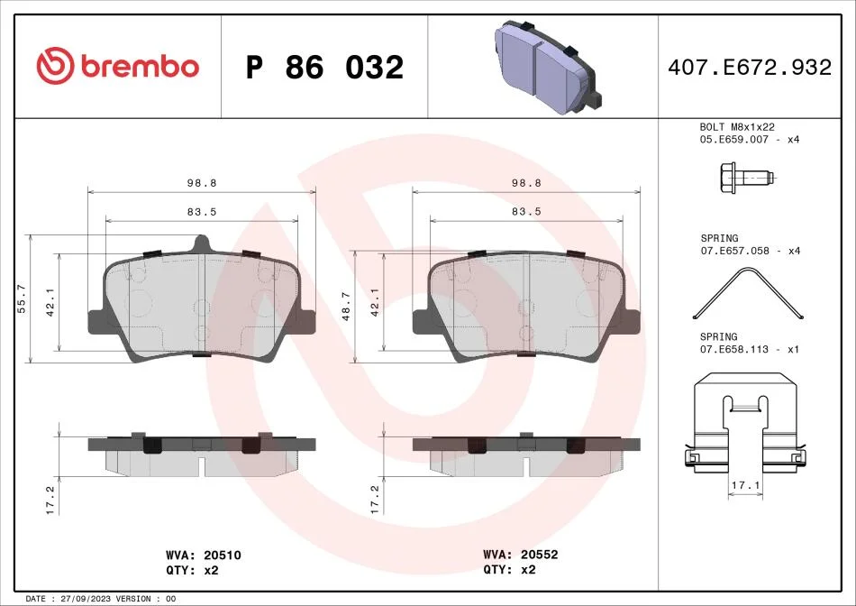 Комплект тормозных колодок BREMBO P 86 032 (фото 1)