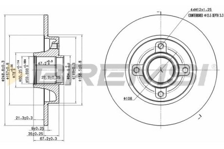 Тормозной диск зад. Citroen C4/Peugeot 207/307/308 00-(249x9) (без подшипника) BREMSI CD7523S