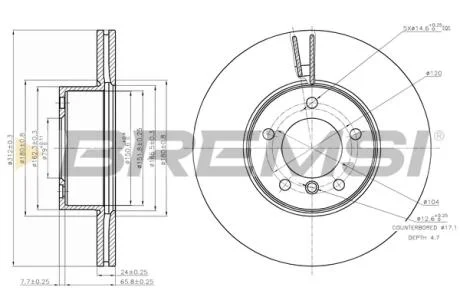 Гальмівний диск перед. BMW 1 (F20/F21)/3 (E90/F30/F80)/X1 (E84) 04- (312x24) BREMSI CD7717V
