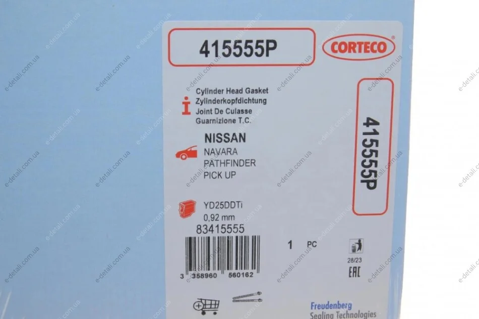 Прокладка ГБЦ Nissan Pathfinder 2.5 dCi 05- (0.92mm) (2 мітки) CORTECO 415555P (фото 1)