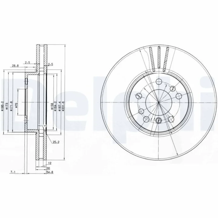 Диск тормозной BMW X3(E83)/X5(E53) "F D=332mm "00-11 Delphi BG3628 (фото 1)