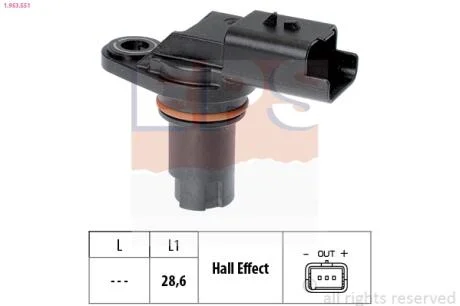 Датчик положення розподільного валу RENAULT Megane III 09-16, Megane II 03-09, Trafic 00-14, Master III 10-; NISSAN X-Trail T32 14-21, X-Trail T31 07-14, Navara D40 05-15, Pathfinder R51 04-14; OPEL Movano B 10-21, Vivaro 01-14; INFINITI FX/QX70 08 EPS 1.953.551