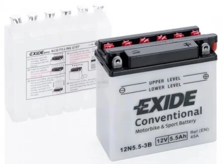 Акумуляторна батарея 5.5Ah/45A (135x60x130/+R/B0) (мото) (сухозаряджений) EXIDE 12N553B