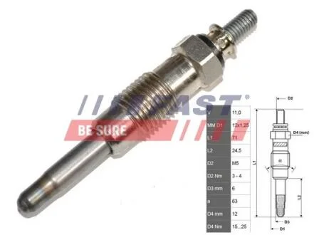 Свічка розжарювання RENAULT 19 88-00; FIAT Scudo 95-07, Bravo 95-01; MERCEDES-BENZ Sprinter 901-905 95-06, T1 (601) 77-95, 190 (W201) 82-93; PEUGEOT Partner 96-08, Expert 95-07, 406 97-04; CITROEN Berlingo 96-08, Jumper 94-02, Jumpy 95-07 FAST FT82710