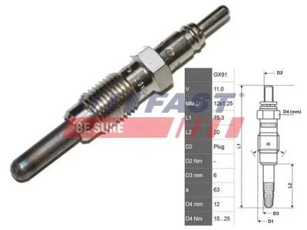 Свеча накаливания FIAT Doblo 00-13, Punto 03-10, Palio 96-20 FAST FT82728