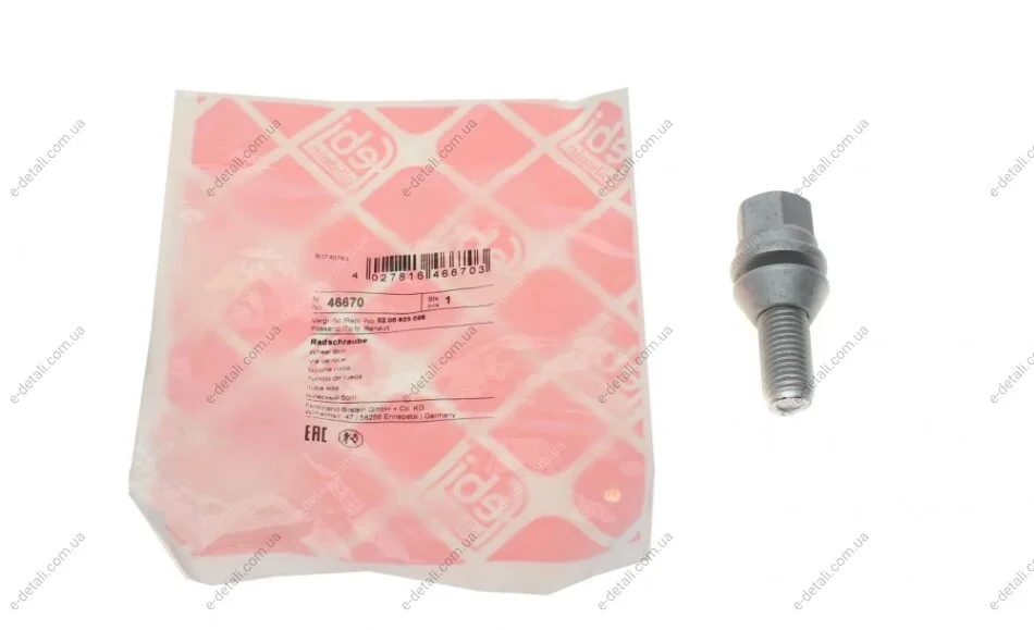 Болт колеса Renault Kangoo/Megane II/III 02- (M12x1.5mm) FEBI BILSTEIN 46670 (фото 1)