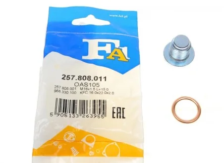 Болт слива масла + шайба Citroen Berlingo/Peugeot Partner 1.6 /Peugeot Boxer 2.2 HDi 09- (M16x1.5) Fischer Automotive One (FA1) 257.808.011