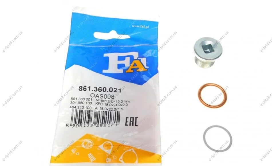 Болт слива масла + шайба Dacia Logan/Dokker 10- (M18x1.5) Fischer Automotive One (FA1) 861.360.021 (фото 1)