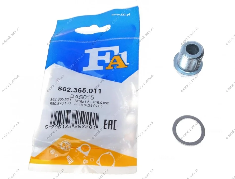 Болт слива масла + шайба Volvo 850/960/C30/C70/S40/S60/S80/S90/V40/V60/V70/V90 -12 (M18x1.5) Fischer Automotive One (FA1) 862.365.011 (фото 1)