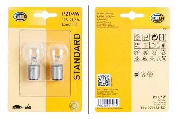 Лампа розжарювання, P21/4W 12V 21/4W (блістер 2шт) HELLA 8GD 004 772-123 (фото 1)