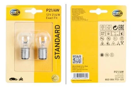 Лампа розжарювання, P21/4W 12V 21/4W (блістер 2шт) HELLA 8GD 004 772-123