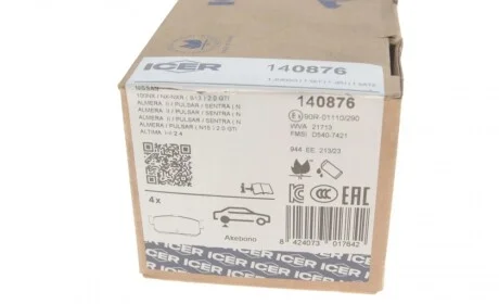 Колодки гальмівні (задні) Nissan Almera II 00-/Primera 90-96/Sunny 90-95/Infiniti G20 90-97 ICER 140876