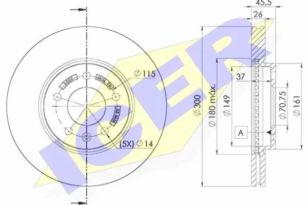 Диск тормозной (передний) Opel Astra J 09-/Zafira C 11- (300x26)(с покрытием)(вентилируемый) ICER 78BD1557-2 (фото 1)