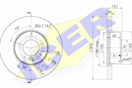Диск тормозной (передний) BMW 1 (F20/21) 11-/3 (E90-93/F30-31/F34) 05-/X1 09- (312x24)(с покр)(вент) ICER 78BD1972-2