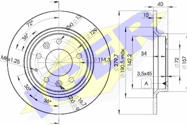 Диск тормозной (задний) Mazda 6 02-13/626 V 98-02/323 F/S 01-04 (280x10) (с покрытием) (полный) ICER 78BD3268-2 (фото 1)