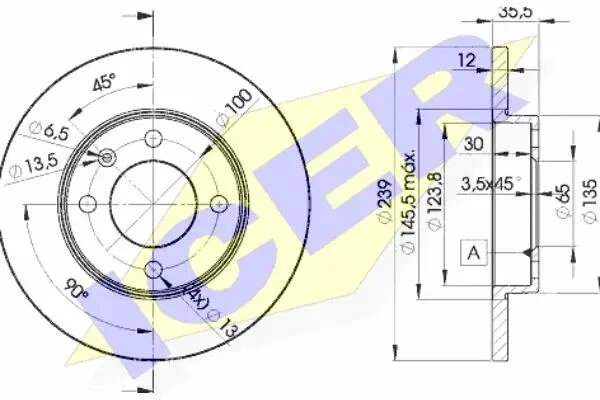 Диск тормозной (передний) VW Caddy 82-92/Golf 74-99/Passat 73-88/Polo 95-02 (239x12)(с покр)(полный) ICER 78BD3300-2 (фото 1)