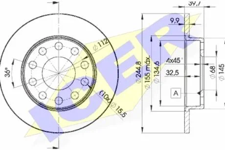 Диск тормозной (задний) Audi A4 00-09/Seat Exeo 08- (245x10) (с покрытием) (полный) ICER 78BD3637-2