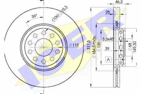 Диск гальмівний (передній) Audi A4/A6/VW Passat 00-09 (312х25) (вент.) ICER 78BD4065-2