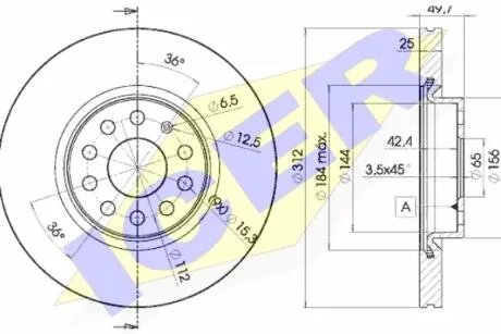 Диск гальмівний (передній) Audi A3/Skoda Octavia/SuperB/VW Passat B6/B8 03- (312x25) (з покр.)(вент.) ICER 78BD5618-2