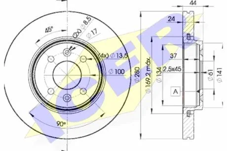 Диск гальмівний (передній) Renault Kangoo 01-/Megane 96-/Scenic 99-/Clio 00-14 (280x24)(з покр)(вент) ICER 78BD7829-2