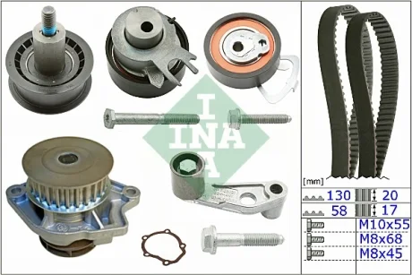 Комплект ГРМ + помпа VW Golf/Bora/Seat 1.4 V16 97-06(130x20/58x17) INA 530036030