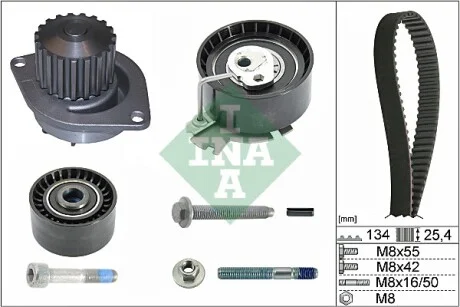 Комплект ГРМ + помпа Citroen Berlingo/Xsara/C3/C4/Peugeot 206/301/307/Partner 1.6 0- (25.4x134z) INA 530 0379 30