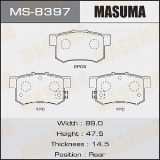 Колодки гальмівні задні Honda Accord (03-11), Civic (06-11)/ Suzuki Swift (04-11), SX4 (06-16) MASUMA MS8397 (фото 1)