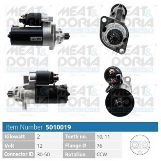 MEATDORIA AUDI Стартер A3 (8L1) 1.8 T 98-03, FORD GALAXY I (WGR) 1.9 TDI 05-06, SEAT TOLEDO II (1M2) 1.9 TDI 03-06, SKODA OCTAVIA I (1U2) 1.8 T 97-10 MEAT&DORIA 5010019