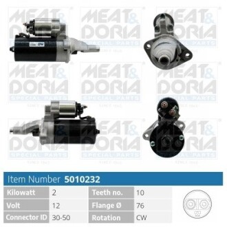 MEATDORIA AUDI Стартер A4 B5 (8D2) 2.5 TDI 97-00, SKODA SUPERB I (3U4) 2.5 TDI 01-03, VW PASSAT B5.5 (3B3) 2.5 TDI 00-05 MEAT&DORIA 5010232 (фото 1)