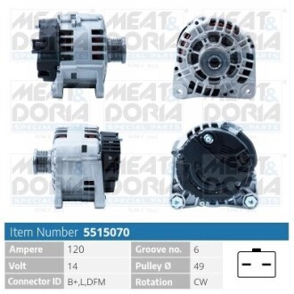 MEATDORIA MITSUBISHI Генератор CARISMA 1.9 DI-D 00-06, OPEL MOVANO A (X70) 1.9 DTI (JD) 01-, VOLVO S40 I (644) 1.9 DI 00-03, NISSAN PRIMASTAR (X83) 1.9 dCi 80 02-, RENAULT LAGUNA II 1.8 16V MEAT&DORIA 5515070