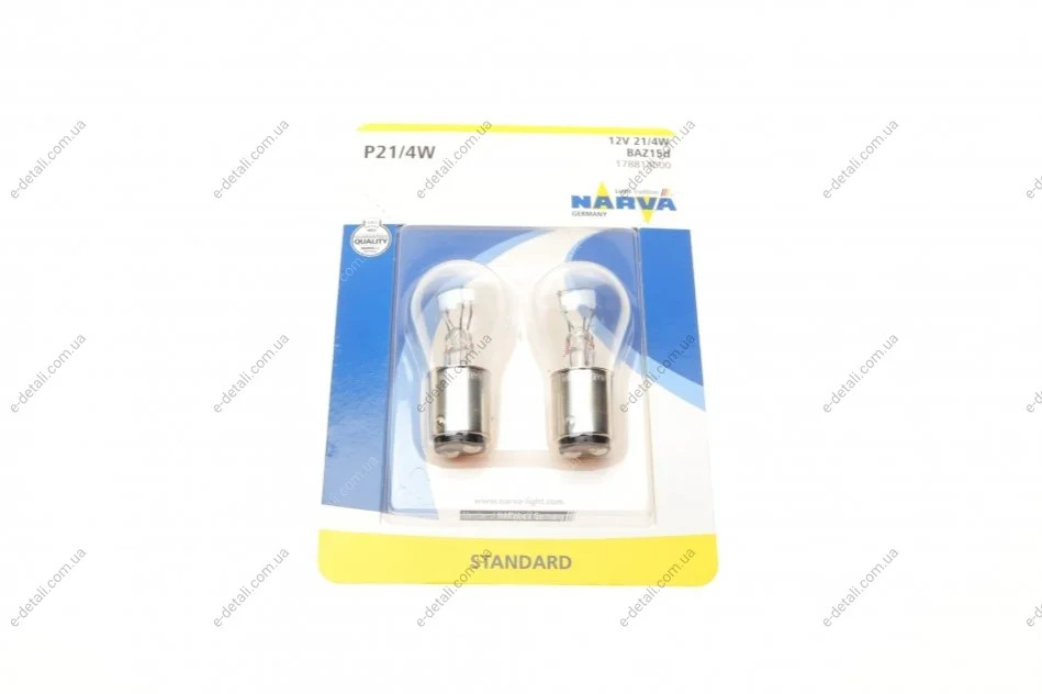 Автолампа P21/4W 12V 21/4W BAZ15d Standard (blister/к-кт 2 шт.) NARVA 178814000 (фото 1)