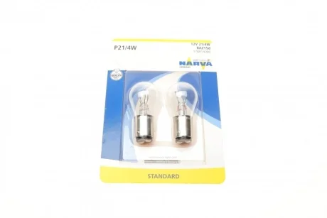 Автолампа P21/4W 12V 21/4W BAZ15d Standard (blister/к-кт 2 шт.) NARVA 178814000