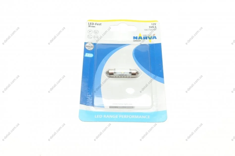 Автолампа 12V 0,6W SV8.5 (9.8x38mm) Festoon (LED) (blister/1шт) NARVA 180794000 (фото 1)