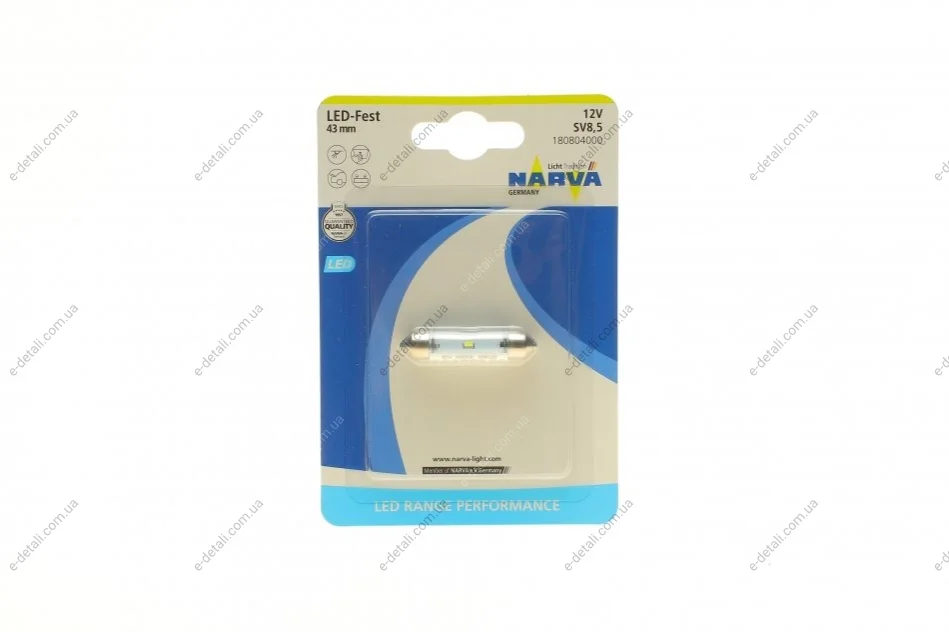 Автолампа 12V 0,6W SV8.5 (9.8x43mm) Festoon (LED) (blister/1шт) NARVA 180804000 (фото 1)