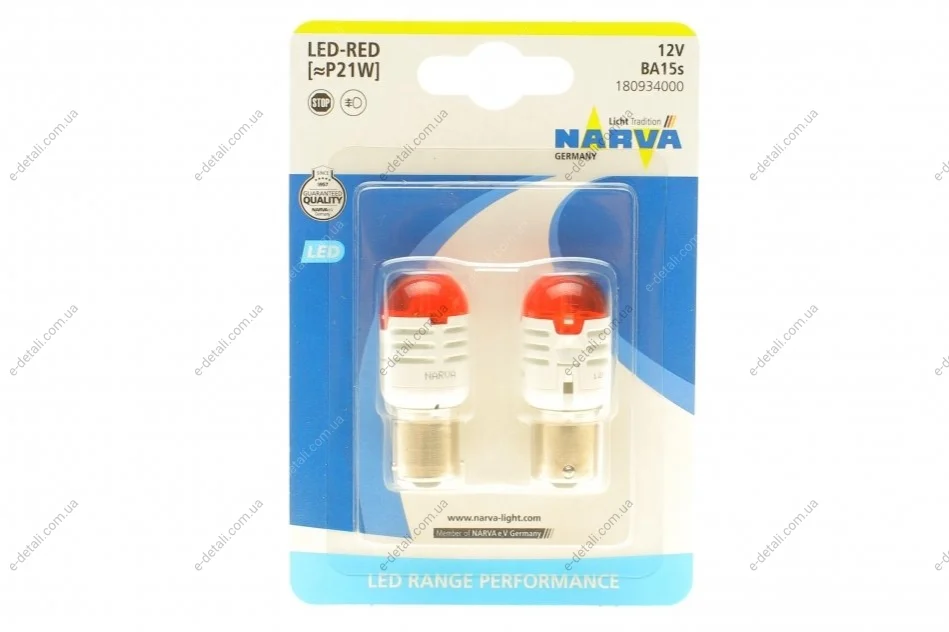 Автолампа P21W 12V BA15s (LED) (красная) (к-кт 2шт.) NARVA 180934000 (фото 1)
