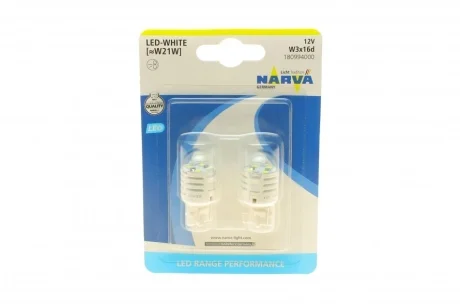 Автолампа W21W 12V 21W W3x16d (LED) (белая) (к-кт 2шт) (знято з вир-ва) NARVA 180994000