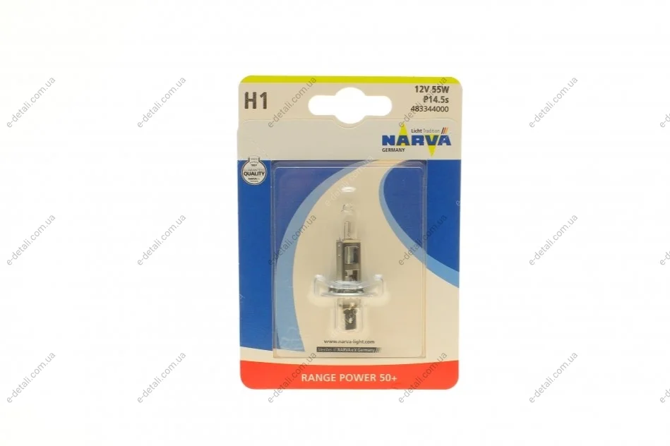 Автолампа H1 12V 55W P14.5s Range Power 50 + (blister/1шт) NARVA 483344000 (фото 1)